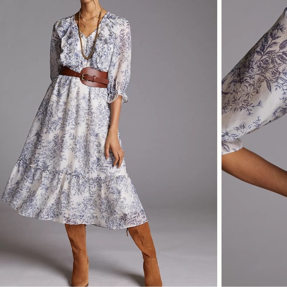 Anthropologie Moon River Blue Floral Ruffle Midi Dress size Small - Picture 6 of 15